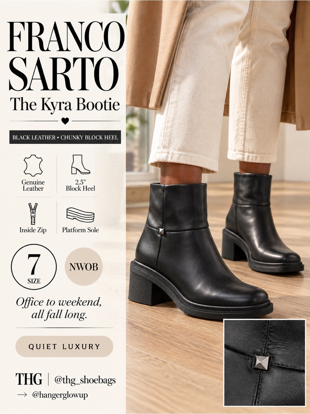 Franco Sarto Kyra Black Leather Block Heel Ankle Boots Size 7 NWOB